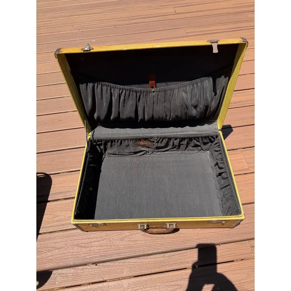 Vintage Mustard Yellow Tweed Train Suitcase 24” Leather Trim Overnight Luggage